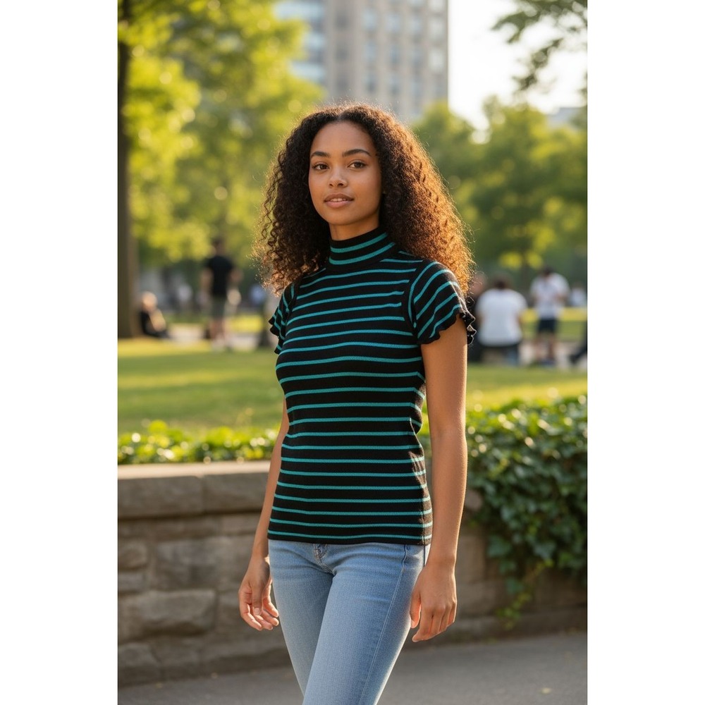 NWT‎ Nine West Flutter Sleeve Sweater Black Turquoise Stripe SZ S Retail $50